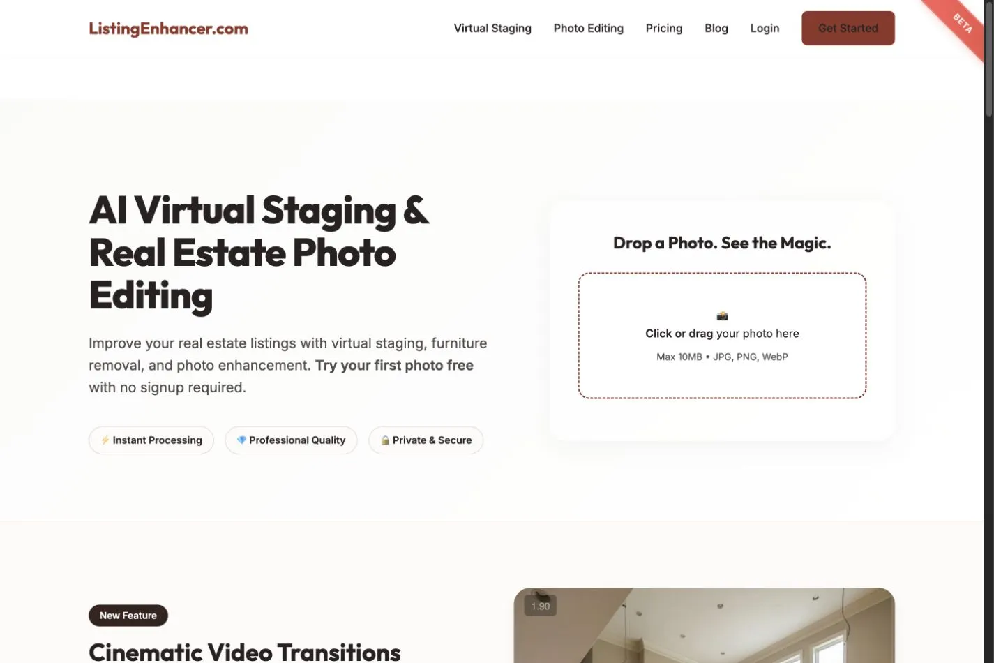 ListingEnhancer homepage with its property photo upload interface.